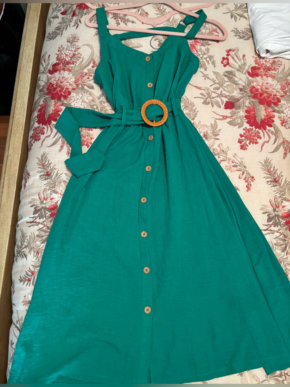 Green Button-Front Midi Dress with Waist Tie & Rattan Buckle